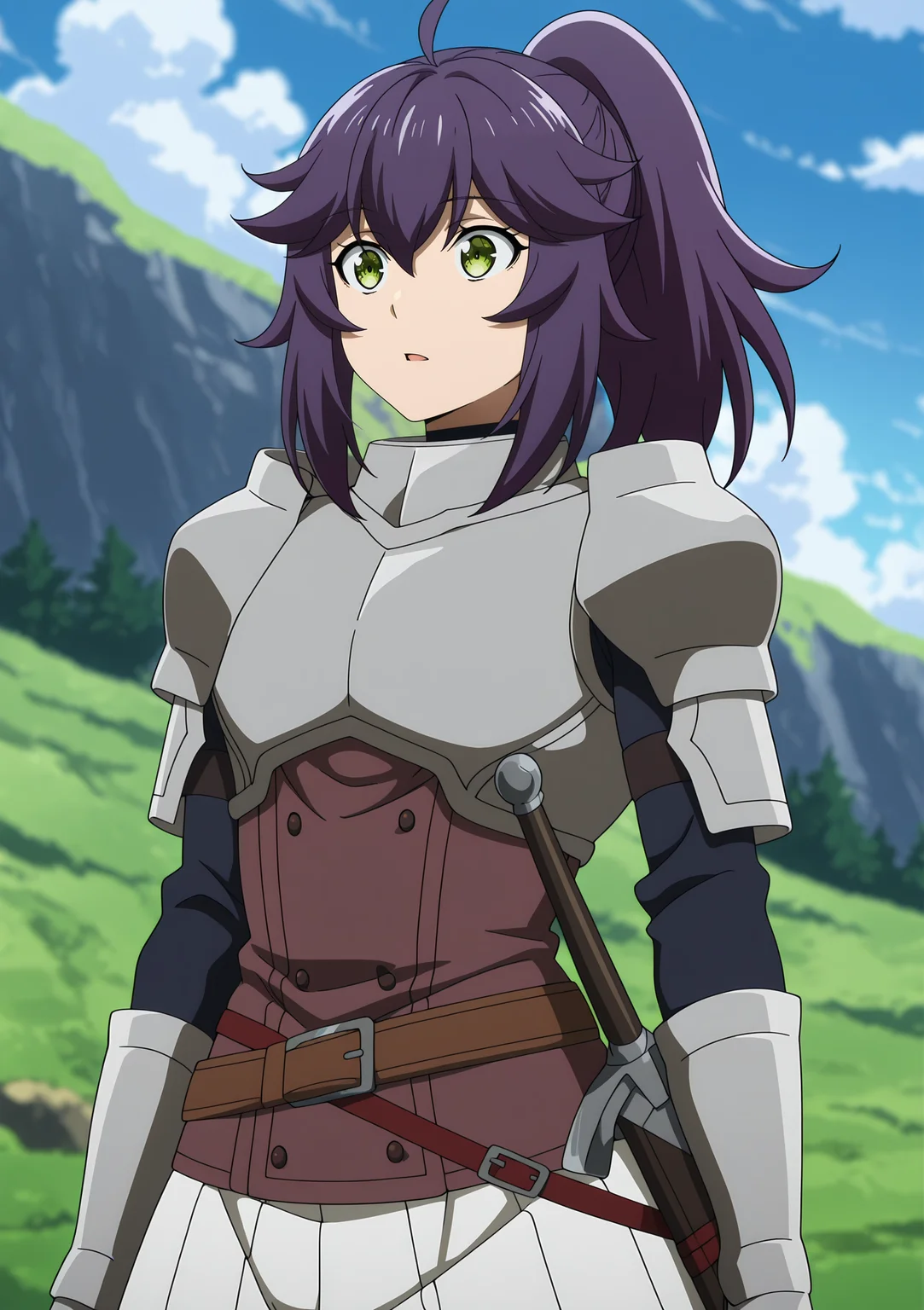 volumetric lighting, official style, amazing quality, ultra detailed, highres, detailed background,anime coloring, (anime screencap) masterpiece, detailed face,1girl<lora:Aul__:1>Aul, armor, solo, skirt, outdoors, purple hair, sky, pleated skirt, green eyes, ponytail, breastplate, shoulder armor, bangs, day, blurry background, weapon, sword, white skirt, blurry, blue sky, gauntlets, hair between eyes, open mouth, belt, cloud, ahoge, long hair, standing, parted lips