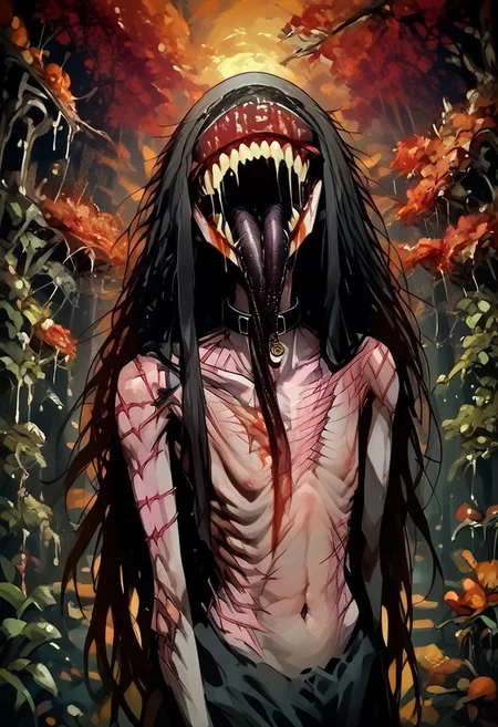 score_9, score_up_8, masterpiece, best quality, explicit, 
hasshaku-sama, mature woman, large woman, tall woman, sagging breast, enormous breast, long hair, black hair, horror (theme), collar bone, bony body, skinny, anorexic, fall season, trees, red yellow and orange leaves, falling leaves, night, garden, Expressiveh,  
 teeth, tongue, open mouth, horror, blood, (((stiches, scars))), black tongue, very long tongue, black tears, full body