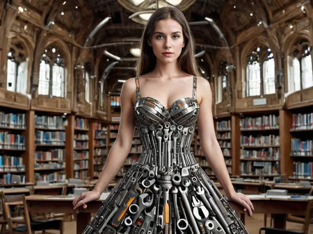 a beautiful woman, in a library, (wearing a dress made of tools:1.5) <lora:tools-world-morph:1>