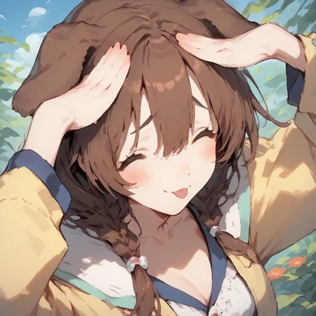 <lora:merrytail_bleh_v01_ponyDiffusionV6XL-09:1>, score_9, score_8_up, score_7_up, closed eyes, tongue out, hands on own head, smile, upper body, 1girl, inugami korone, dog ears, hair between eyes, brown hair, blush, low twin braids, yellow jacket, open jacket, white dress, collarbone, day, cleavage,