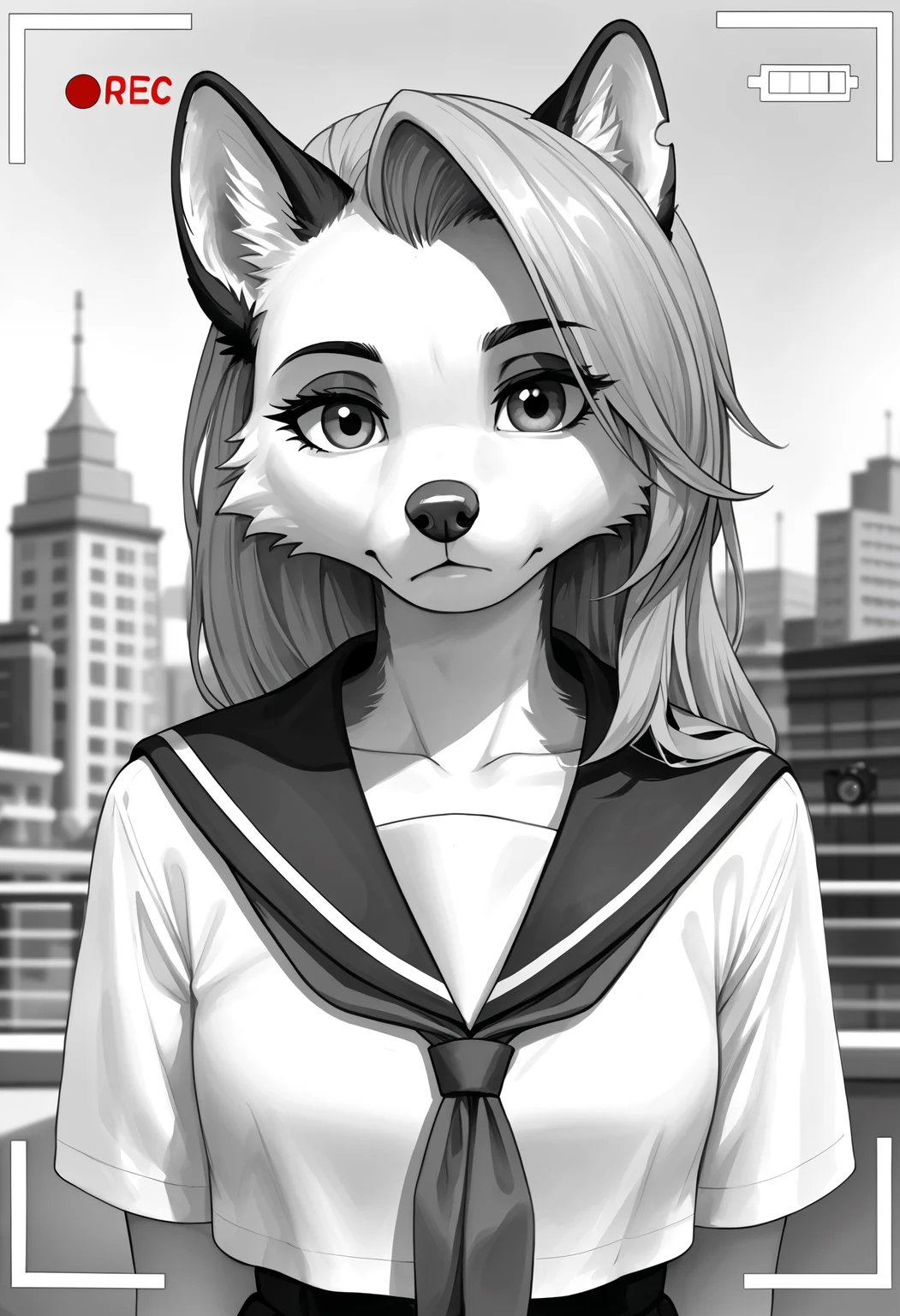score_9, score_8, score_7, source_furry, source_anime, rating_safe,  loona, 1girl, long eyelashes, collarbone, three-quarter portrait, school uniform, three-quarter view, (([(black and white, monochrome:1.3):(watercolor \(artwork\), digital painting \(artwork\):1.15):0.35])), [detailed fur, detailed skin], masterpiece, best quality, 4k, 2k, shaded, absurd res, (camera view, viewfinder, recording:1.3), city