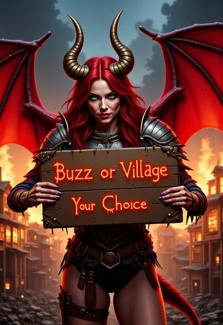 score_9, score_8_up, score_7_up, sfw
intricate details, photorealistic, realistic, 1 European woman, hkmagic, red dragon wings, medieval armor, dragon tail, dragon horns, pointy ears, scales, glowing eyes, solo, love live art style, Long hair, red hair, green eyes, slightly uneven skin texture, natural blemishes, philtrum, subtle freckles, scars or imperfections, skindentation, faint crookedness in the nose, subtle wrinkles near the eyes and mouth to convey anger, fierce, scary, ((hands holding a creepy sign that says in a creepy font "Buzz or Village Your Choice")), dramatic lighting on face, golden bracelets, claws, jewelry, low twintails, lips, large sexy voluptuous breasts, perfect sexy sculpted body, large sexy meaty ass, thick sexy meaty thighs, flying, breathing fire, flames, burning village, happy, mischievous, smoke, ground view, dark, night, cloudy, chaos, death, blood, destruction, broken buildings, charred buildings, aidmatextimprover