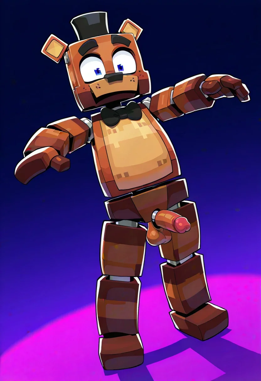 ZaminationFreddyFazbear, 1boy, brown robotic bear, two tone fur, black bowtie, small black top hat, blue eyes, robot joints, square body, square arms, solo, full body, masterpiece, best quality, newest, solo, highres, perfect face, perfect eyes, (artist:syuro:0.4), (artist:labbit:0.3), (artist:Purple Yoshi Draws:0.4), (artist:kuroodod:0.5), (artist:sinnerpen:1.0), (artist:sunibee:0.3), balls, wide hips, penis, dynamic pose, dynamic angle, dynamic