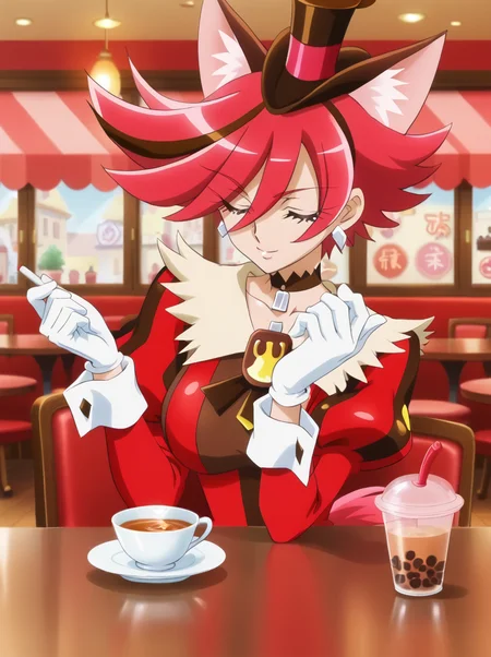 detailed background, shiny skin, posing,
<lora:curechocolat.pony:1>,
curechocolat,
large breasts,
cafe, sit, drinking tea, closed eyes,
