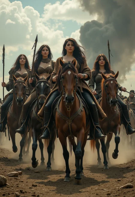 four beautiful women on horses representing the four horsemen of the apocalypse. A dystopian scene as the women ride the horses.