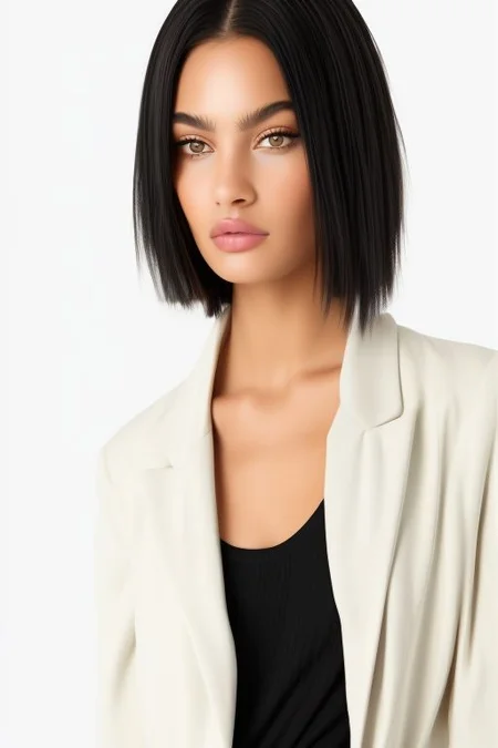 masterpiece, best quality, ultra detailed, bellissima, 1girl, solo, cowboy shot, she is wearing a black t-shirt a white skirt with a white blazer. Armani style, very short hair, black hair