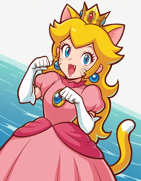 score_9, score_8_up, score_7_up, source_anime, <lora:super-princess-peach-ingame-ponyxl-lora-nochekaiser:1>, princess peach, blonde hair, blue eyes, long hair,, crown, dress, gem, gloves, pink dress, puffy short sleeves, puffy sleeves, short sleeves, white gloves,, jetty, water, boats, dock, narrow, , <lora:paw-pose-ponyxl-lora-nochekaiser:1>, paw pose, cat ears, cat tail, animal ears, tail, cat girl, open mouth, fang, whiskers,, looking at viewer, solo,, dutch angle, cowboy shot
