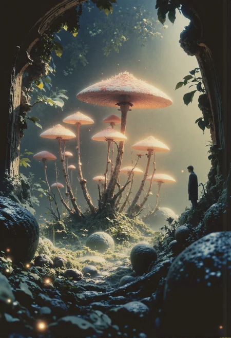 An enigmatic composition bathed in soft, diffused light, blending whispers of surrealism and melancholia. The scene unfolds in a cinematic atmosphere where subtle textures and delicate grains add depth, while the interplay of light and shadow enhances the quiet intensity of the moment. A subdued color palette merges with ethereal haze, evoking a dreamlike quality and timeless stillness. The central subjectâa group of unusually large and bizarrely shaped mushrooms, their bulbous caps textured with intricate patterns and faintly glowing veins, standing tall within a forest encased in thick ivy that twists and drapes like natural latticework. Beside them, a lone man appears diminutive, almost dwarfed by their towering presence, his stance one of quiet awe and insignificance amidst the surreal giantsâcreates a striking sense of scale and wonder. Surrounding elements, such as the faint shimmer of spores drifting through the air and the soft rustle of unseen wildlife, anchor the narrative in an otherworldly context. Organic details, like the rough bark of nearby trees or the glossy tendrils of ivy, contrast with the mushrooms' alien forms, creating a juxtaposition that is both haunting and mesmerizing. The composition invites introspection, with negative space amplifying the mood's resonance. Every detail, from the atmospheric depth to the muted highlights, serves to craft an image that feels suspended in an emotional, poetic realm, steeped in quiet nostalgia. surreal style <lora:black_fantasy.safetensors:0.5>,  <lora:aiai-Glimra-Flux-Dev-v2.safetensors:1.0>,  <lora:lith_mimosa_kiel_grw134_FLUX.safetensors:0.7>,  <lora:mooniverse_by_araminta_k.safetensors:1.0>,  <lora:Fluxartis 28.11A.safetensors:1.0>,  <lora:VividlySurrealV2.safetensors:0.6>,  <lora:VividMidjourneymimic-Flux_v1.0.safetensors:0.3>,