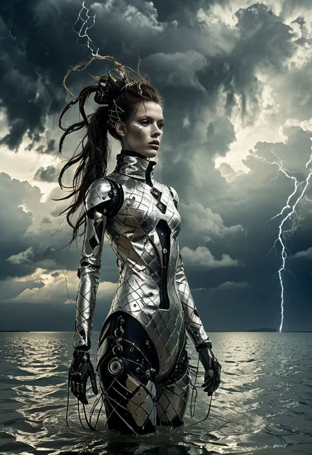 Rc-scene, style of Guido Argentini, pureerosface_v1, Profil Closeup, amazing quality, masterpiece, best quality, hyper detailed, ultra detailed, UHD, dof, hyper-realism, majestic, awesome, inspiring, Create a highly detailed Portrait of a silver painted mechanical woman Like half human half Robot: cyborg, with a long thick and Messy ponytail. demonic runes are billowing out from the top. High collar argyle bodysuit, Eerie translucent dark volumetric blizzard clouds, lighting strike, holding large vintage antenna, standing in low water, beneath highly volumetric lighting clouds in a rugged, scenic lake landscape., piercing the murky gloom.. cinematic composition, soft shadows, national geographic style,