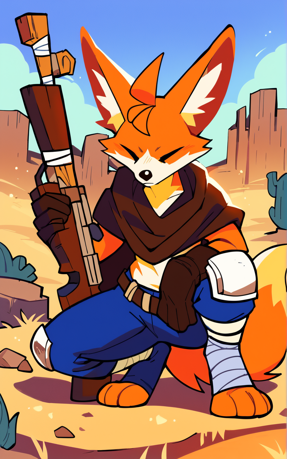score_9, score_8_up, score_7_up,((best quality)), absurdres, ((full body)), <lora:BolivanteStyle:0.8>,   <lora:BHPXL:0.8>, BHPXL, closed eyes, brown gloves, bandaged leg, fox ears, animal ears, belt, pants, blue pants, brown cloak, ankle wrap, leg wrap, knee pads,, gloves ,solo, furry, holding rifle, desert, on one knee,cactus