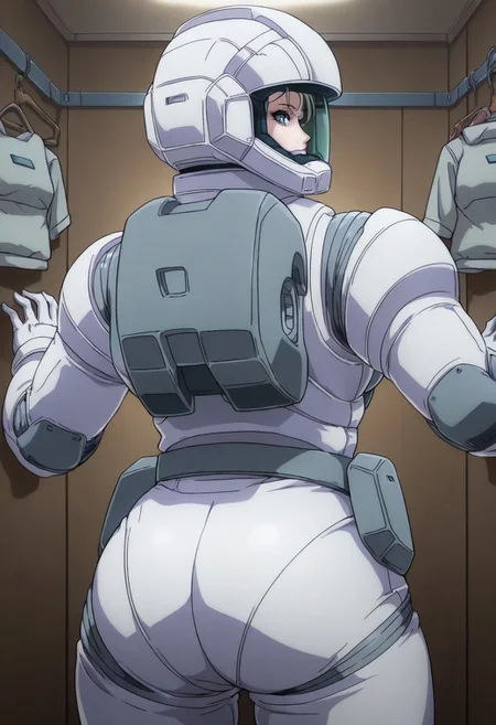 masterpiece, best quality, good quality, GTBClaudia, 1girl, solo, blonde hair, blue eyes, white spacesuit, gloves, helmet, from behind, looking back, looking at viewer, ass, ass focus, BREAK, indoors, closet, clothes hanger
