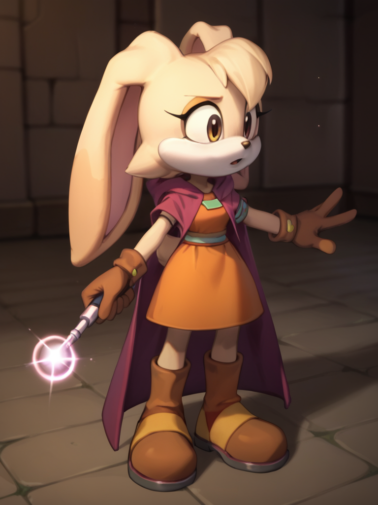 score_9, score_8_up, score_7_up, <lora:Cream_the_Rabbit_Pony:0.8> cre4mth3r4bb1t, Furry, furry female, animal ears, animal nose, rabbit ears, rabbit girl, tail, brown gloves, multicolored fur, orange dress, mauve cloak, one magic wand, <lora:Biancarabbit:0.7>