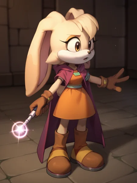 score_9, score_8_up, score_7_up, <lora:Cream_the_Rabbit_Pony:0.8> cre4mth3r4bb1t, Furry, furry female, animal ears, animal nose, rabbit ears, rabbit girl, tail, brown gloves, multicolored fur, orange dress, mauve cloak, one magic wand, <lora:Biancarabbit:0.7>