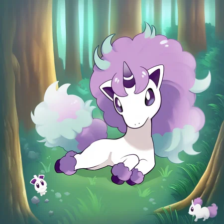 G_P0NYT4, white fur, white body, purple and teal mane, purple and teal tail, purple and teal fetlocks, purple eyes, light blue irises, purple hooves, horn, purple horn, white stripe, purple inner ears, animal focus, no humans, pokemon (creature), chibi, lying, looking at viewer, forest, grass, trees, day, sunbeam