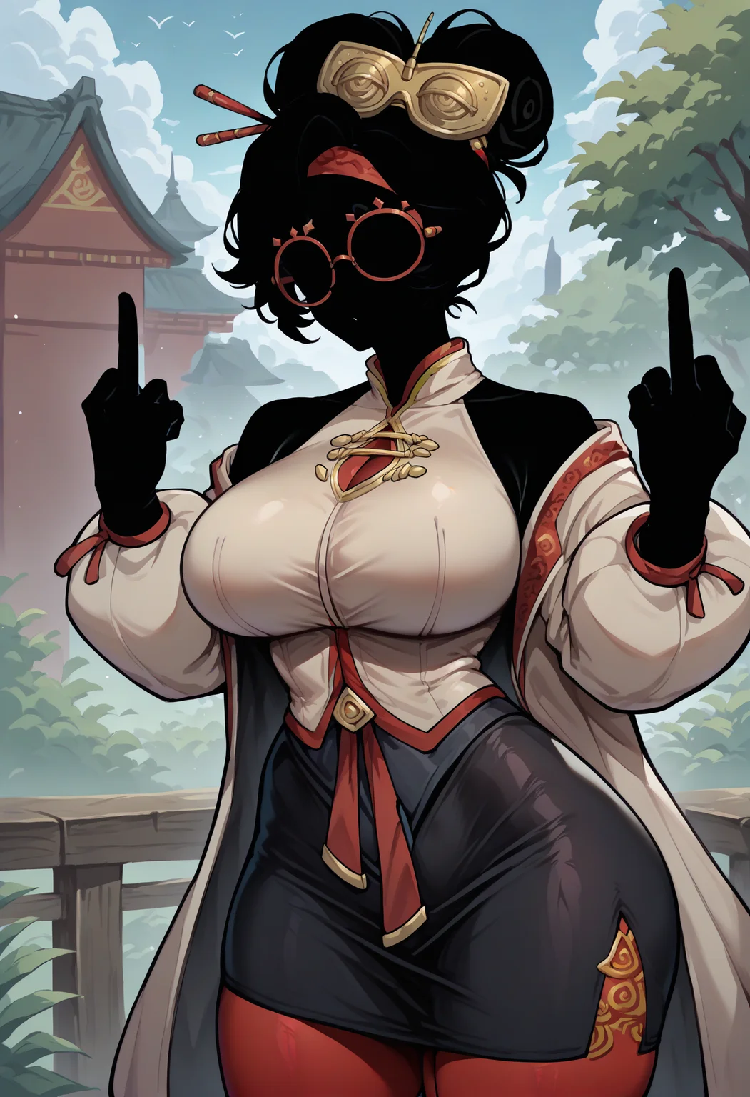 masterpiece, best quality, newest, absurdres, highres, colored skin, black skin, (black hair, silhouette:1.5), no eyes, faceless, no highlights, <lora:Shadows_illusXLNoobAI_Incrs_v1.2-000012:1>, 1girl, solo, outdoors, <lora:purah-illu-nvwls-v1:1> pur4h, hair bun, large breasts, hair ornament, red headband, red glasses, sleeveless shirt, beige shirt, beige jacket, red trim, open jacket, black skirt, red leggings, gloves, middle finger,