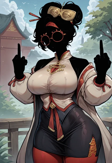 masterpiece, best quality, newest, absurdres, highres, colored skin, black skin, (black hair, silhouette:1.5), no eyes, faceless, no highlights, <lora:Shadows_illusXLNoobAI_Incrs_v1.2-000012:1>, 1girl, solo, outdoors, <lora:purah-illu-nvwls-v1:1> pur4h, hair bun, large breasts, hair ornament, red headband, red glasses, sleeveless shirt, beige shirt, beige jacket, red trim, open jacket, black skirt, red leggings, gloves, middle finger,