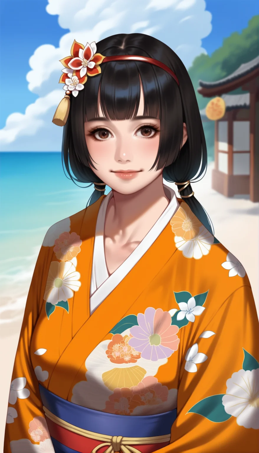 score_9,score_8_up,score_7_up,
<lora:naotoraii:1>,naotora ii,realistic,1girl,solo,
black hair,blunt bangs,low twintails,red hair ornament,red hairband,white scrunchie,orange kimono,(ragged kimono:1.1),floral print,yukata,brown eyes,looking at viewer,closed mouth,facing viewer,
outdoors,day,beach,soft clouds drifting,summer,
portrait,