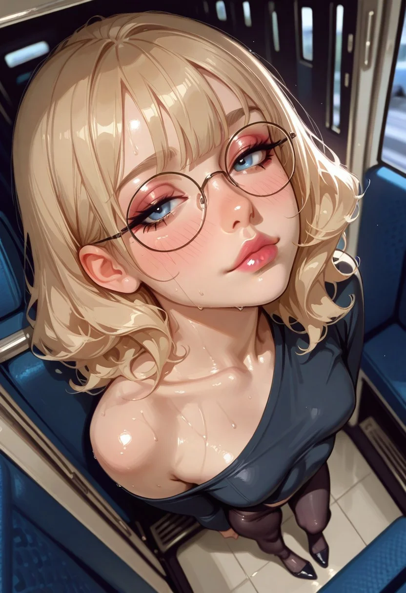 masterpiece, best quality, good quality, very aesthetic, absurdres, newest, 8K, depth of field, focused subject, dynamic angle, dynamic sexy pose, full body, artist:moriimee, cute face, 1girl, wavy blonde hair, blue eyes, straight bangs, round glasses, egirl makeup, e-girl aesthetic, small waist, slim, skinny, blush, 18yo, sweat, sweaty, small breasts, full lips, half-open eyes, portrait, lipstick, nose blush, realistic, Cinematic Lighting, bare shoulder, solemn look, looking at viewer, bus background, incredibly sexy, seductive