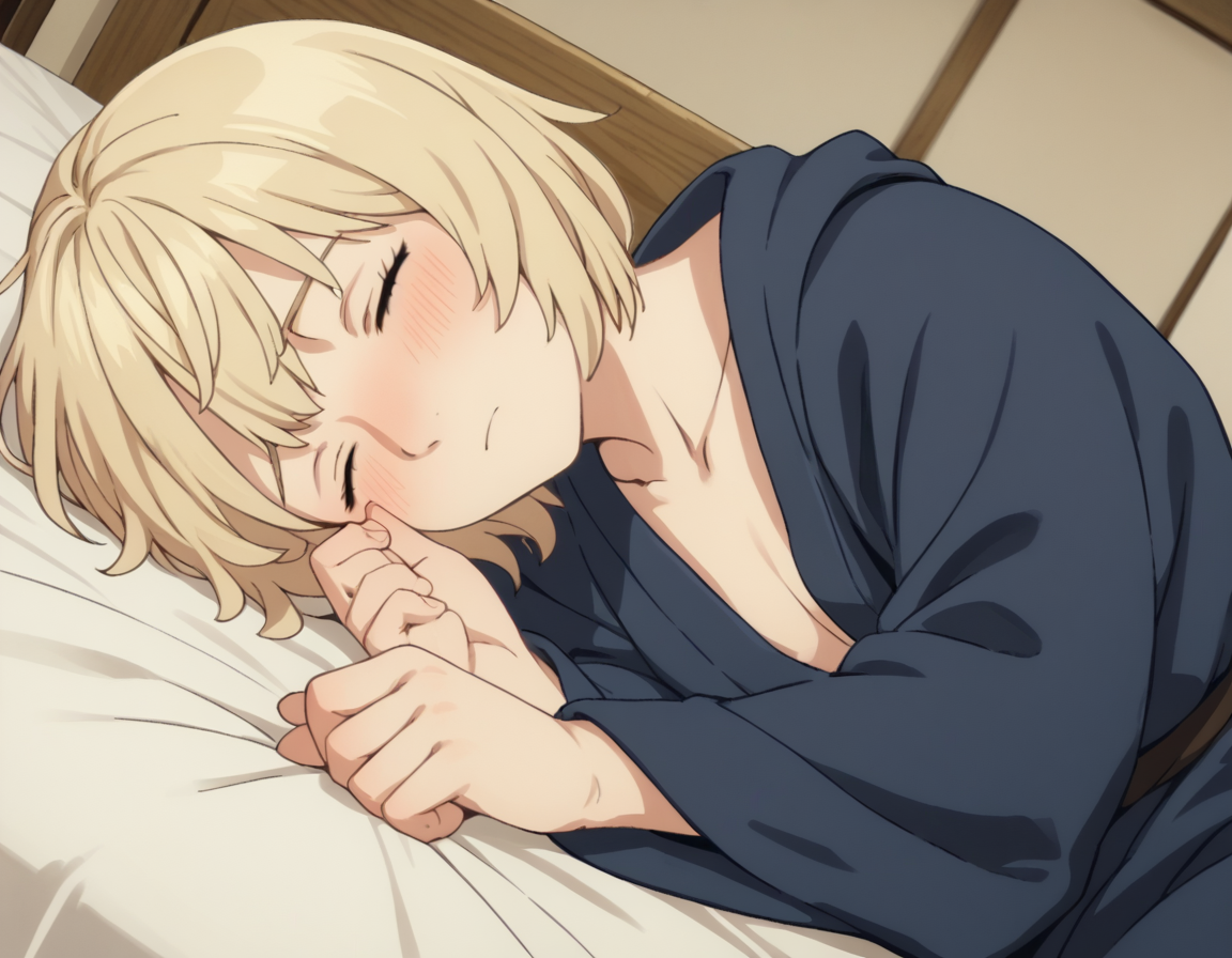 score_9, score_8_up, score_7_up, source_anime,
falintouden, <lora:falin-touden-s1-ponyxl-lora-nochekaiser:1>,
falin touden, short hair, blonde hair, closed eyes,
robe, long sleeves, open clothes,
indoors, bed, bed room, on side, blush, drunk,
looking at viewer, solo, cowboy shot, dutch angle,
