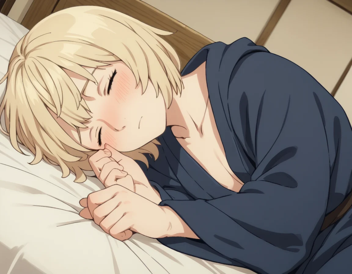 score_9, score_8_up, score_7_up, source_anime,
falintouden, <lora:falin-touden-s1-ponyxl-lora-nochekaiser:1>,
falin touden, short hair, blonde hair, closed eyes,
robe, long sleeves, open clothes,
indoors, bed, bed room, on side, blush, drunk,
looking at viewer, solo, cowboy shot, dutch angle,