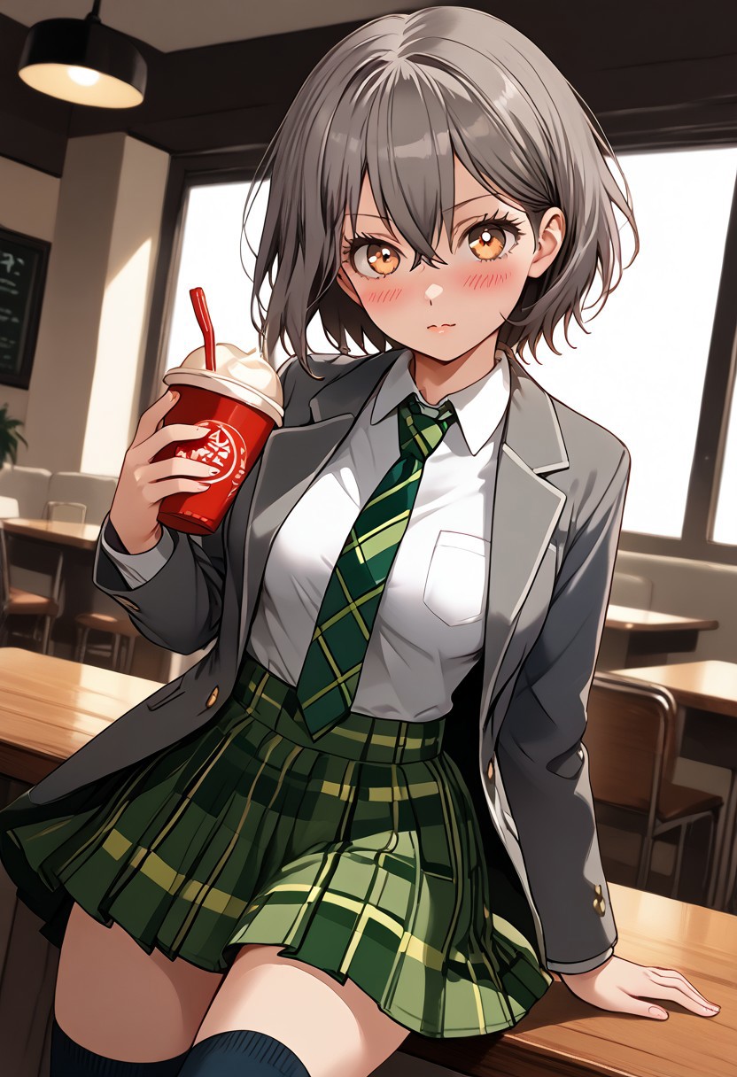 (masterpiece), best quality, expressive eyes, perfect face,tomori_t, short hair, brown eyes, brown hair, grey hair, looking at viewer,  skirt, shirt, long sleeves, hair between eyes, school uniform, jacket, white shirt, pleated skirt, necktie, socks, striped, collared shirt, miniskirt, plaid, kneehighs, plaid skirt,blazer, green skirt, black socks,  grey jacket, striped necktie, green necktie,  open shirt, breasts, cafe, blush