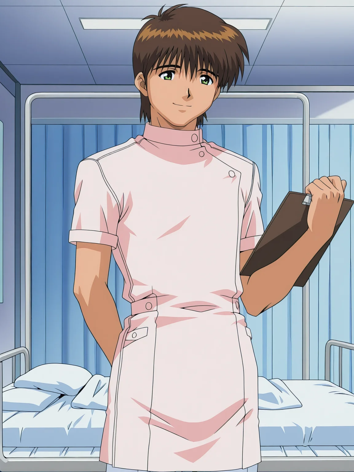 <lora:yakin-kaidan-illustrious-000004:0.9> hajime, nurse, brown hair, short hair,
1boy, solo, male focus, smile, clipboard, standing, hospital bed, cowboy shot