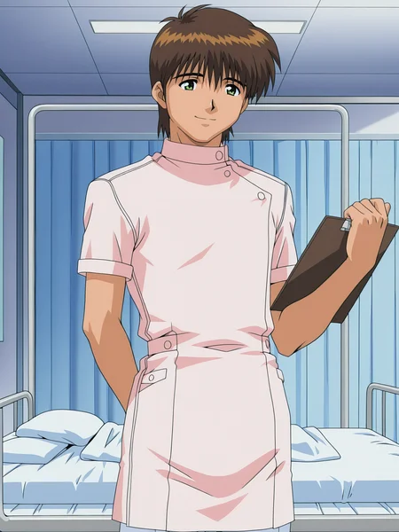 <lora:yakin-kaidan-illustrious-000004:0.9> hajime, nurse, brown hair, short hair,
1boy, solo, male focus, smile, clipboard, standing, hospital bed, cowboy shot
