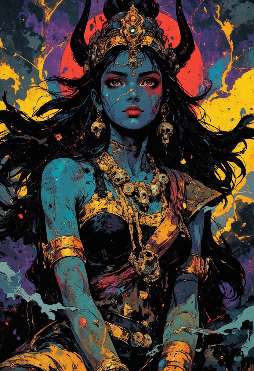 (cksc, highly detailed, hyper realistic)
This portrait depicts Kali, the goddess of destruction and transformation, with mythological accuracy. Her intense yet serene expression is framed by deep blue or black skin, symbolizing her cosmic nature. Her almond-shaped eyes, fiery and filled with power, are enhanced by bold kohl. Her crimson lips, slightly parted, reveal a subtle hint of teeth, embodying both fierceness and grace. A gold nose ring adorns her slender nose.
Her long black hair flows wildly, signifying the chaos of destruction, adorned with bones and skull ornaments. Kali wears a necklace of skulls, emphasizing her role in life’s cyclical nature. Gold armlets and intricate jewelry—necklaces, bracelets, and anklets—adorn her body, balancing regal elegance with raw power.
The background swirls with dark purples, blues, and electric gold, representing the energy of transformation. Kali's aura radiates both power and peace, embodying destruction as a path to renewal.