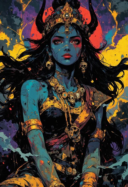 (cksc, highly detailed, hyper realistic)
This portrait depicts Kali, the goddess of destruction and transformation, with mythological accuracy. Her intense yet serene expression is framed by deep blue or black skin, symbolizing her cosmic nature. Her almond-shaped eyes, fiery and filled with power, are enhanced by bold kohl. Her crimson lips, slightly parted, reveal a subtle hint of teeth, embodying both fierceness and grace. A gold nose ring adorns her slender nose.
Her long black hair flows wildly, signifying the chaos of destruction, adorned with bones and skull ornaments. Kali wears a necklace of skulls, emphasizing her role in life’s cyclical nature. Gold armlets and intricate jewelry—necklaces, bracelets, and anklets—adorn her body, balancing regal elegance with raw power.
The background swirls with dark purples, blues, and electric gold, representing the energy of transformation. Kali's aura radiates both power and peace, embodying destruction as a path to renewal.