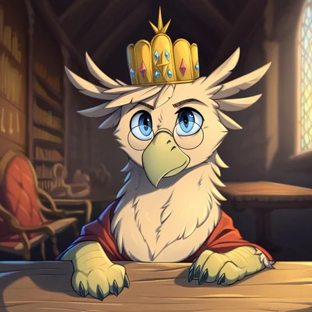masterpiece, score_9_up, score_8_up, score_7_up, score_6_up, (best quality:1.1), ultra-detailed, high resolution, solo, grover_vi, griffon, feral, avian, beak, male, eyebrows, blue eyes, feathers, feathery ears, (round glasses:1.3), kaiser crown, royal detailed facial features, expressiveh, highly visible, sharp focus, anatomically correct, detailed background, medieval, black indoors, home, table, sitting, leaning on table, bookshelf, armchair, three quarter view, expressiveh, highly visible, sharp focus, anatomically correct