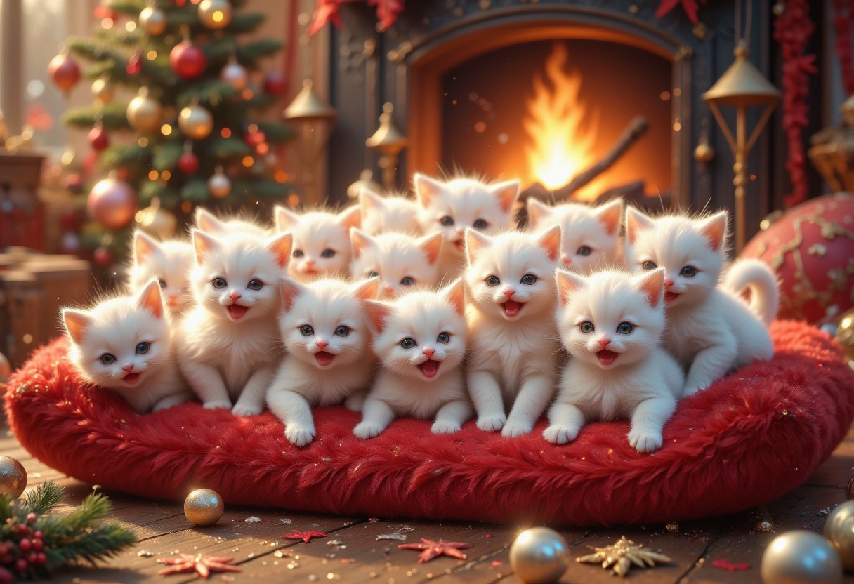 many snow-white little kittens, sitting on fluffy red cushion, meowing, warm atmosphere, cuteness, warm colors, fireplace on the background.