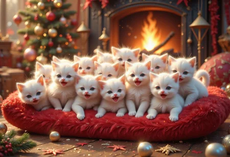many snow-white little kittens, sitting on fluffy red cushion, meowing, warm atmosphere, cuteness, warm colors, fireplace on the background.