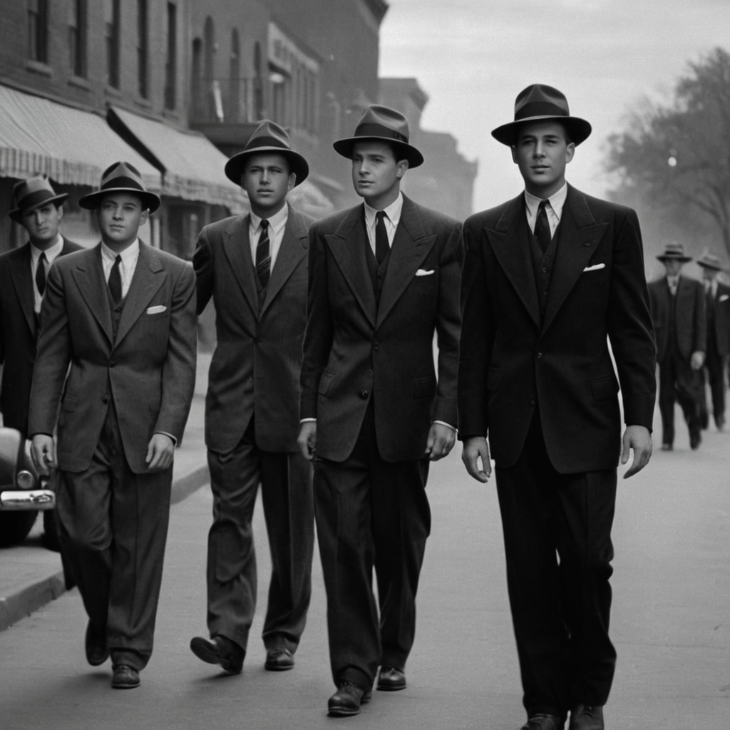 cinematic film still of  <lora:1940's style:1>
In the 1940's a group of men in suits and hats are standing on a sidewalk,shirt,hat,monochrome,greyscale,male focus,outdoors,multiple boys,necktie,pants,english text,formal,suit,ground vehicle,walking,6+boys,top hat,road,fedora  ,realistic,realism,perfection,perfect,filmic,retro,vintage,classic,different haircut,different look,different style,1940's style , 1940 style, shallow depth of field, vignette, highly detailed, high budget, bokeh, cinemascope, moody, epic, gorgeous, film grain, grainy