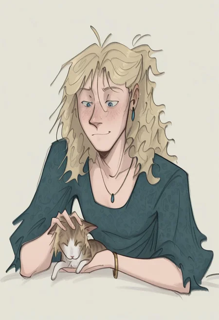 best quality, detailed face, detailed eyes, , , by vor sirkov
newest, masterpiece, best quality, absurdres, highres, 1girl, blue-eyes, blonde-hair, long-hair, half-updo, wavy-hair, dress, necklace, earrings, bracelet, kitten, petting, portrait, sensitive