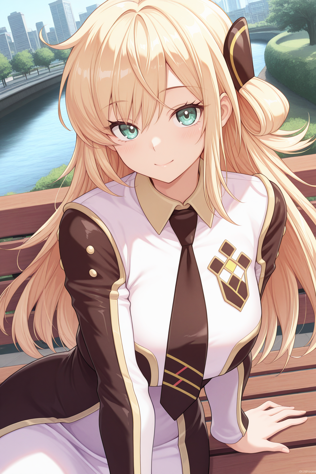 1girl, SkyStrikerAce-RayeYu-Gi-Oh, 
general, solo, perspective, dynamic angle, upper body,
long hair, blonde hair, eyelashes,
breasts,
hair ornament,
collared dress, black necktie, two-tone dress, 
long sleeves,
sitting, dating, looking at viewer,
spring, city, river, bench,
<lora:kp_SkyStrikerAce-RayeYu-Gi-OhIllustrious_v1_0:1.0>,
masterpiece, best quality, amazing quality