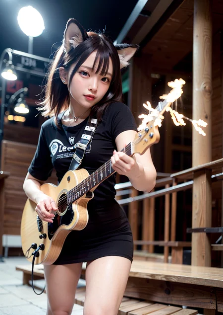 <lora:LoraLandmineGirlFashion_v20:1>,omertosa,1girl, aegyo sal,holding guitar,electric guitar , outdoors,looking up,Neck raised,looking at viewer, wolf ears, light smile, full-face-blush, gloom \(expression\), shy, black pantyhose,  <lora:koreanDollLikeness_v10:0.3>, (8k, RAW photo, best quality, masterpiece:1.2), (realistic, photo-realistic:1.37),1girl,professional lighting, photon mapping, radiosity, physically-based rendering,