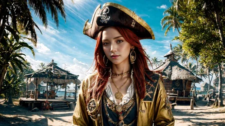 (young redhead pirate woman), (portrait), sharp focus, (ultradetailed), (standing), (happy) smile, pirate (ship galleon:1.2, hoop earrings, gold medallion, Pastel Redpirate clothes, pirate hat, hips, (pirate parrot:1.2), pirate (village), leafy beach coast, (treasure chest with coins, gems and jewels:1.2), rum barrel, best quality masterpiece, bright sunny sky, backlight, natural lights, high contrast, hdr, shadows, pretty, beautiful, feminine, sexy, adorable, lovely, in love, (PirateDiffusionprt:0.5), <lora:Pirate:0.3> PrateT <lora:PirateRealms:0.3> <lora:Detail Tweaker LoRA add_detail:0.8> <lora:depth_of_field_slider_v1:5> <lora:SDXLrender_v2.0:0.9>