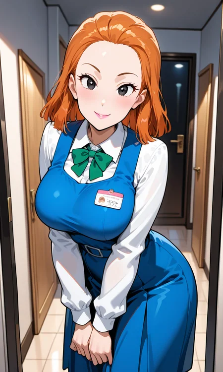 (masterpiece, best quality, ultra-detailed, very aesthetic), questionable, newest, 1girl, looking at viewer, (cowboy shot:1.3),indoor, smile, department store, <lora:koshitani-junko:0.9> (koshitani-junko), (black eyes, orange hair, medium hair, hair slicked back, forehead, pink lips), (blue dress, pinafore dress, white collared shirt, long sleeves, green bowtie, name tag), (large breasts), medium skirt,
