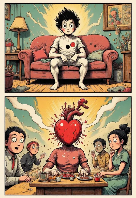 Two comic frames. In one frame, a lonely, disheveled man sits on his couch. He has a gaping hole in his chest where his heart is missing and appears catatonic and empty. In the other frame, a woman is out on a lunch date with her new boyfriend and another couple. She is wearing a bloody human heart on her head like a hat, but seems unfazed and blissful. <lora:m100-style_v.02:0.35> <lora:m100-flux:0.85> <lora:ZanyEyesStyleFlux:0.7> <lora:Comicbook_Flux-000013:0.5> <lora:seusian-cartoon:0.5> <lora:Classic_Anime_Colors:0.4>