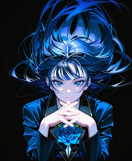<lora:johnC:1>,
(masterpiece), (best quality), (ultra-detailed), amazing quality, very aesthetic, illustration, perfect composition, intricate details, absurdres, incredibly absurdres, shiny skin, realistic,
 john, solo, rose, long hair, flower, 1girl, black background, looking at viewer, own hands together, utaite, blue eyes, blue flower, blue rose, hands up, simple background, upper body, long sleeves, interlocked fingers, blue hair, floating hair, flower brooch, finger, blue theme, closed mouth, black hair, portrait, general