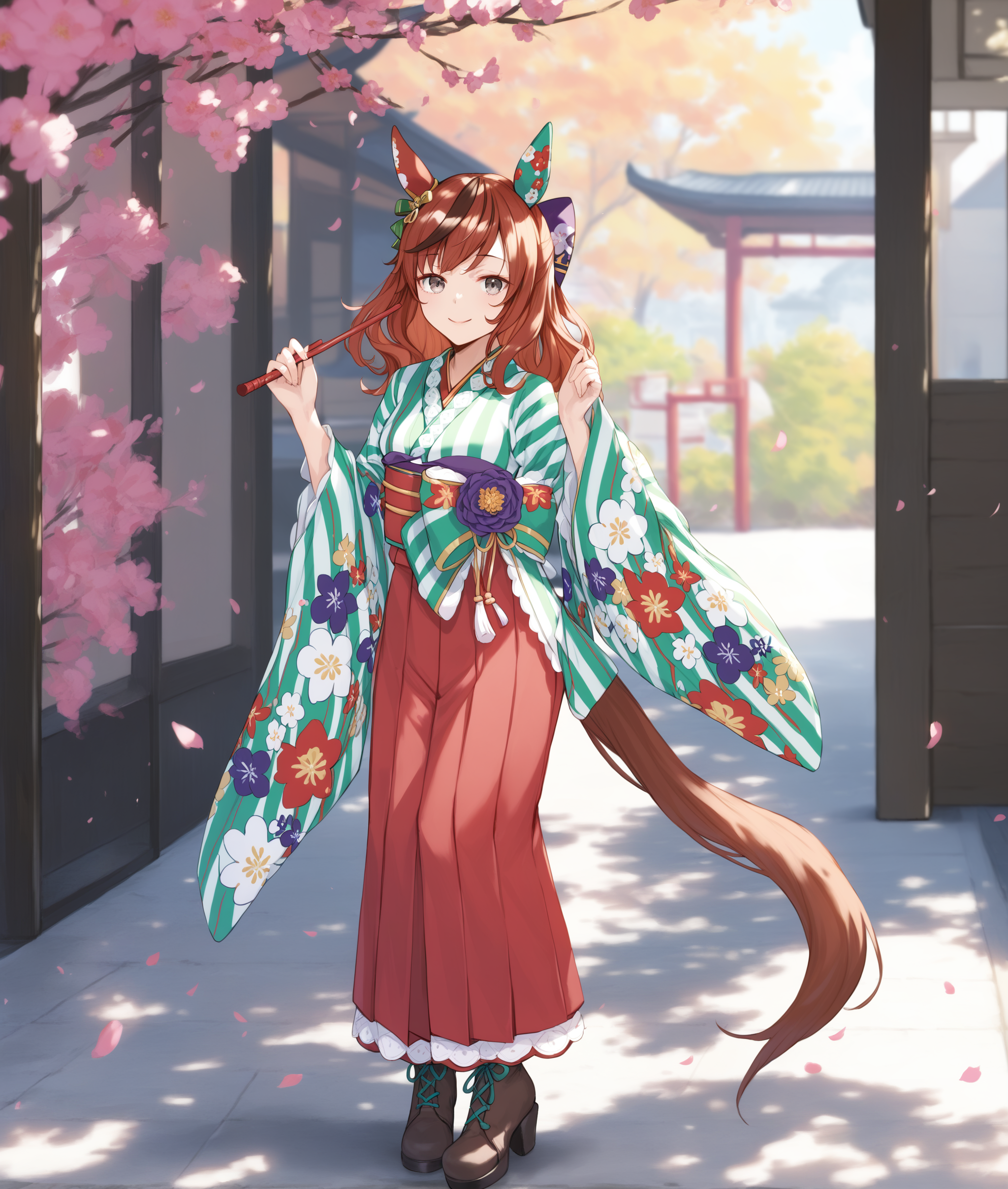 score_9, score_8_up, score_7_up BREAK
spring, festival, 
converging_wishes, 1girl, solo, long hair, looking at viewer, smile, bangs, skirt, brown hair, hair ornament, long sleeves, bow, animal ears, brown eyes, tail, full body, hair bow, red hair, multicolored hair, boots, frills, japanese clothes, wide sleeves, medium hair, kimono, black footwear, streaked hair, grey eyes, sash, red skirt, obi, floral print, horse ears, horse girl, hakama, hakama skirt, horse tail, green bow, high heel boots, green kimono, ear bow, standing, 
<lora:Nice Nature-ponyXL:0.8>,