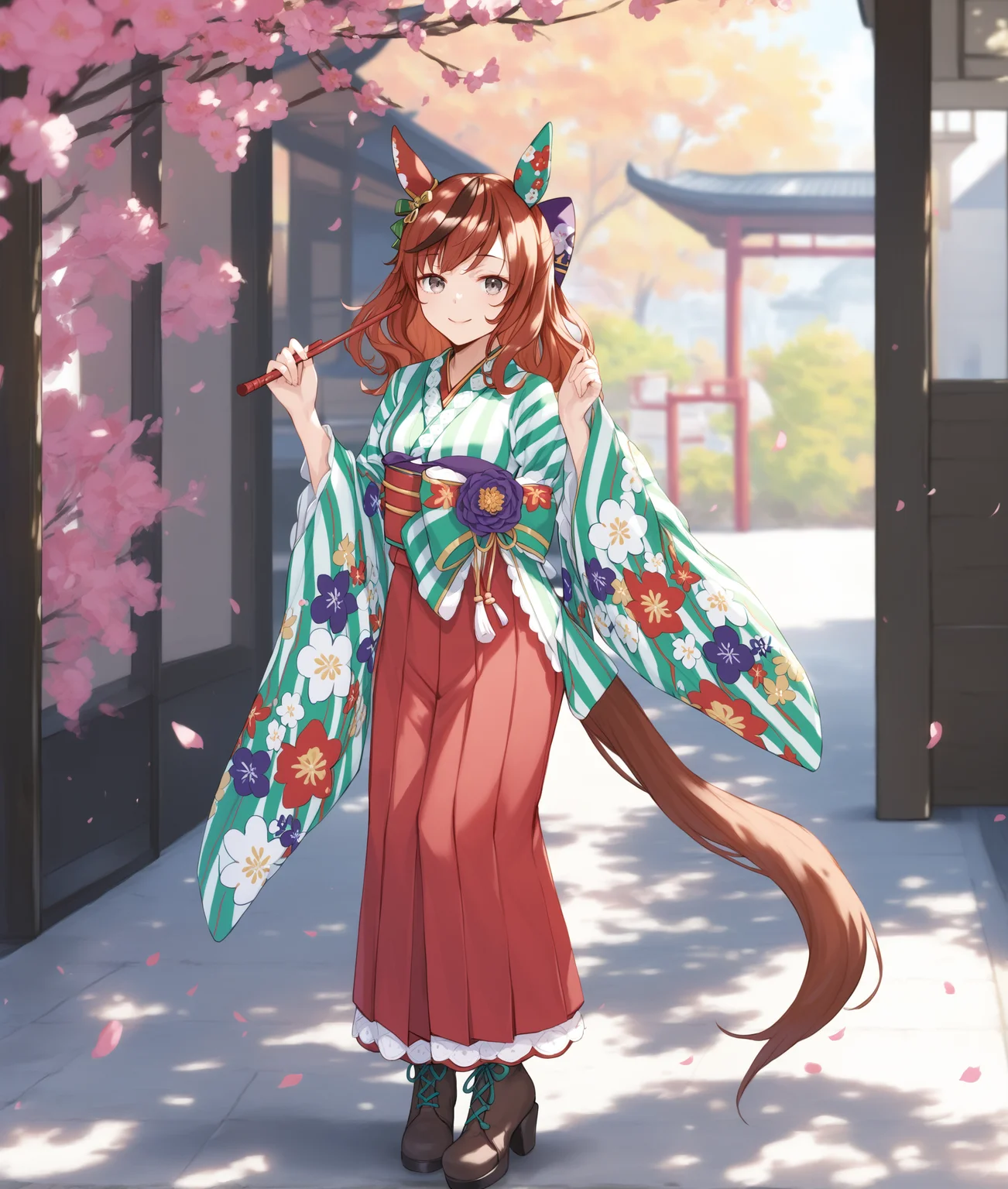 score_9, score_8_up, score_7_up BREAK
spring, festival,
converging_wishes, 1girl, solo, long hair, looking at viewer, smile, bangs, skirt, brown hair, hair ornament, long sleeves, bow, animal ears, brown eyes, tail, full body, hair bow, red hair, multicolored hair, boots, frills, japanese clothes, wide sleeves, medium hair, kimono, black footwear, streaked hair, grey eyes, sash, red skirt, obi, floral print, horse ears, horse girl, hakama, hakama skirt, horse tail, green bow, high heel boots, green kimono, ear bow, standing,
<lora:Nice Nature-ponyXL:0.8>,