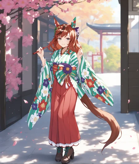 score_9, score_8_up, score_7_up BREAK
spring, festival,
converging_wishes, 1girl, solo, long hair, looking at viewer, smile, bangs, skirt, brown hair, hair ornament, long sleeves, bow, animal ears, brown eyes, tail, full body, hair bow, red hair, multicolored hair, boots, frills, japanese clothes, wide sleeves, medium hair, kimono, black footwear, streaked hair, grey eyes, sash, red skirt, obi, floral print, horse ears, horse girl, hakama, hakama skirt, horse tail, green bow, high heel boots, green kimono, ear bow, standing,
<lora:Nice Nature-ponyXL:0.8>,