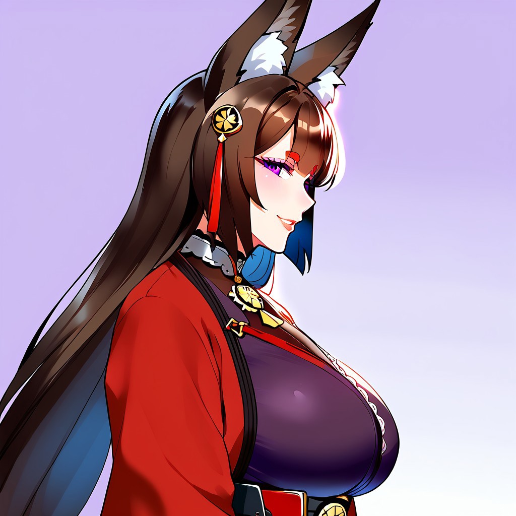 1girl, solo, portrait, close-up, smile, from side, looking at viewer, abstract background, masterpiece, amazing quality, best quality, very aesthetic, absurdres, zPDXL3, by marushin, BREAK, fox ears, thick eyebrows, purple eyes, red pupils, multiple fox tails, hair ribbon, metal choker, necklace tassel, bodystocking, purple kimono, white lace trim, red coat, wide sleeves, brown bridal gauntlets, metal wristband, metal sash, red belt tassel, purple hakama, geta, (mature female:1.2), tall female, large breasts, curvy, beautiful face, highly detailed faces and eyes,