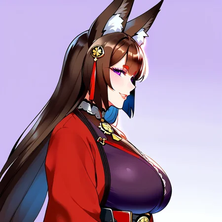 1girl, solo, portrait, close-up, smile, from side, looking at viewer, abstract background, masterpiece, amazing quality, best quality, very aesthetic, absurdres, zPDXL3, by marushin, BREAK, fox ears, thick eyebrows, purple eyes, red pupils, multiple fox tails, hair ribbon, metal choker, necklace tassel, bodystocking, purple kimono, white lace trim, red coat, wide sleeves, brown bridal gauntlets, metal wristband, metal sash, red belt tassel, purple hakama, geta, (mature female:1.2), tall female, large breasts, curvy, beautiful face, highly detailed faces and eyes,