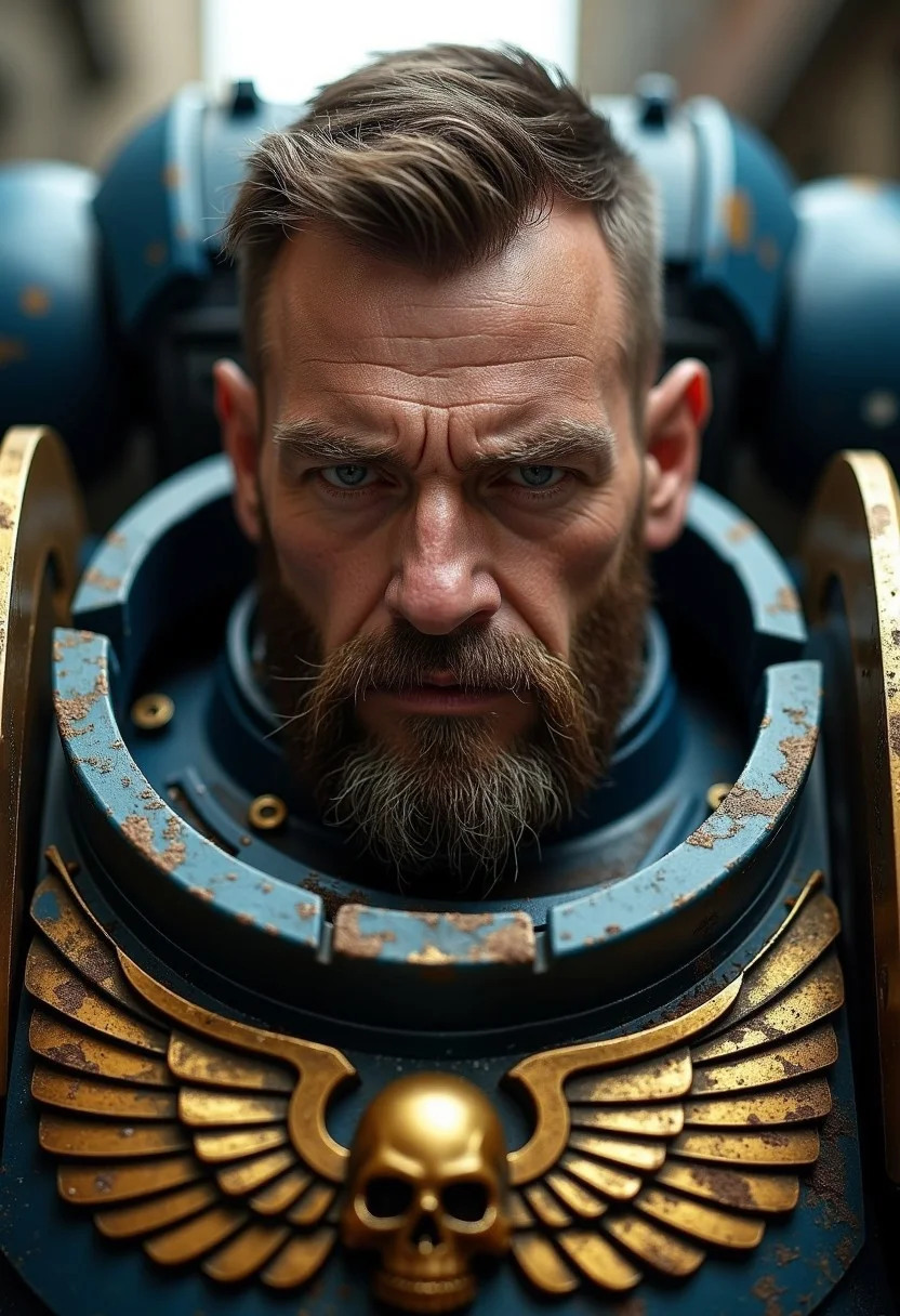 Warhammer 40k space marine, male portrait, serious and determined look at you