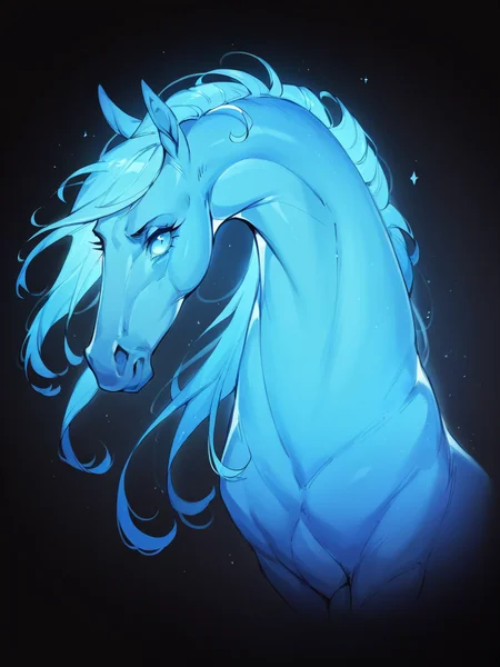 score_9, score_8_up, score_7_up, score_6_up, score_5_up, <lora:p4tr0nusXLP:1> p4tr0nus, no humans, glowing, black background, blue theme, horse, feral
