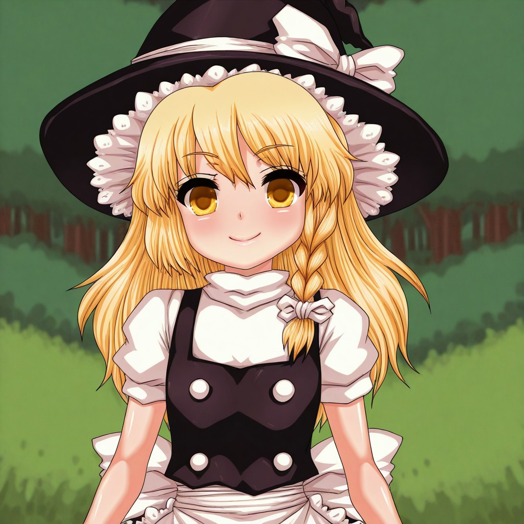 pixelated, pixel_art, n \(dai n honpo\), masterpiece, best quality, BREAK, 1girl, solo, krisame_marisa, smile, facing_viewer, looking_at_viewer, flat_chest, clothed_female, blurry_background, forest,