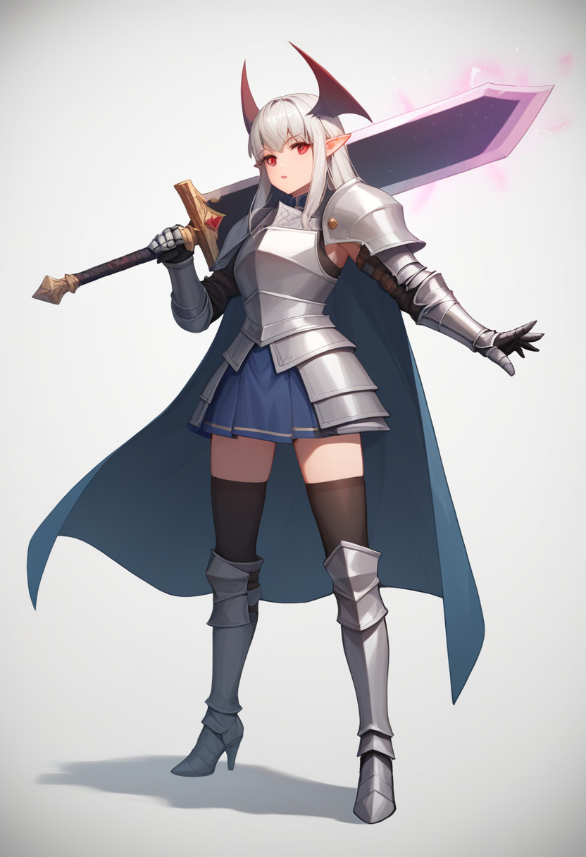 score_9,score_8_up,score_7_up,<lora:huge_weapon_pony:1>,1girl,absurdres,armored_boots,breastplate,commentary_request,demon_girl,faulds,full_body,gauntlets,highres,holding_sword,huge_weapon,knight,long_hair,magic,plate_armor,pointy_ears,red_eyes,shoulder_armor,skirt,solo,standing,thighhighs,waist_cape,white_background,white_hair,