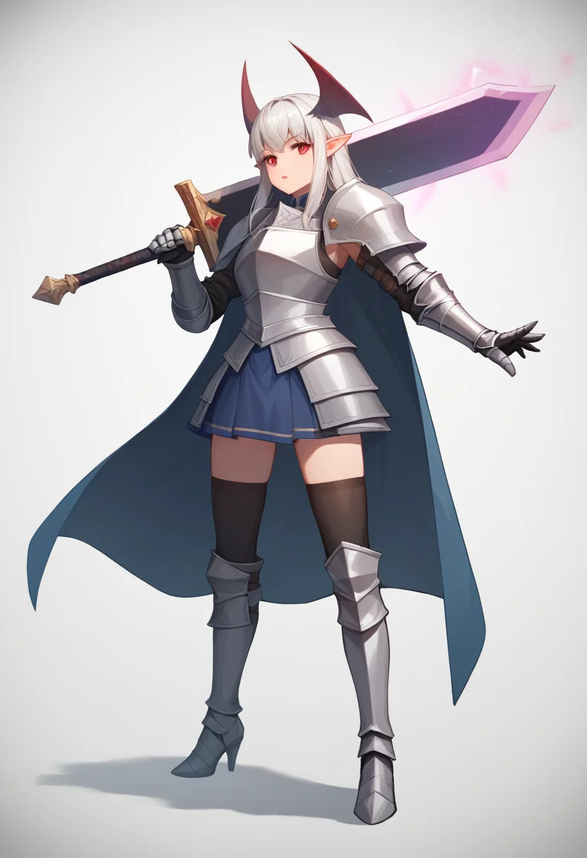 score_9,score_8_up,score_7_up,<lora:huge_weapon_pony:1>,1girl,absurdres,armored_boots,breastplate,commentary_request,demon_girl,faulds,full_body,gauntlets,highres,holding_sword,huge_weapon,knight,long_hair,magic,plate_armor,pointy_ears,red_eyes,shoulder_armor,skirt,solo,standing,thighhighs,waist_cape,white_background,white_hair,